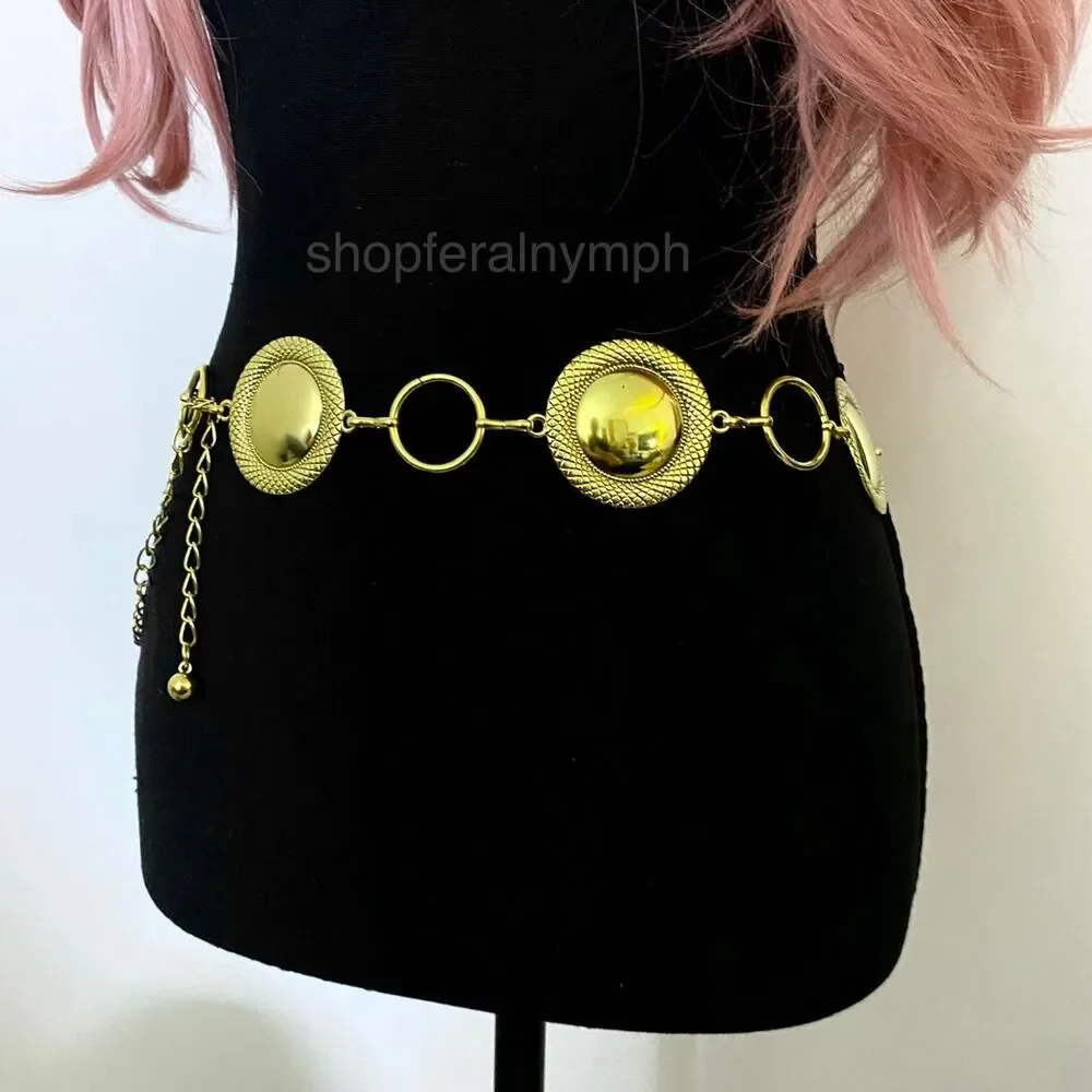 Gold Y2K Textured Domed Disc Chain Belt, Fits 25-43.5 Inches, X7GA1284